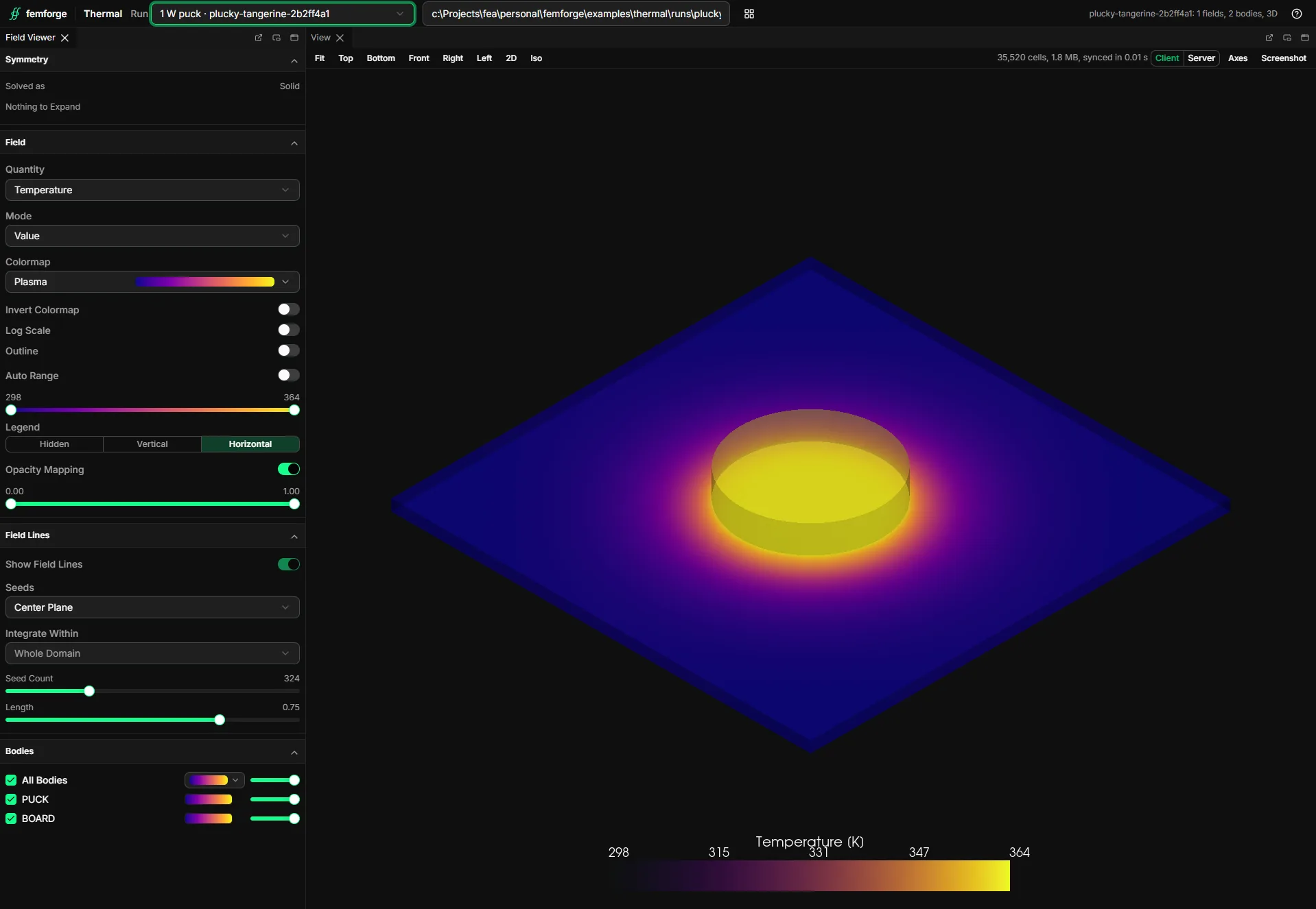 The thermal workbench: a copper puck on an FR4 board in 3D, colored by temperature from the ambient blue of the board's corners to the yellow of the puck